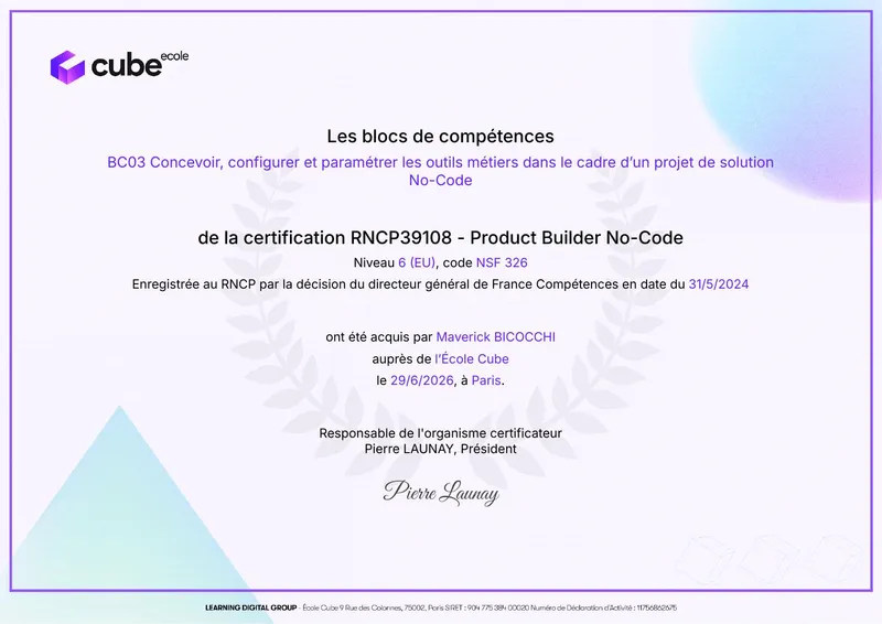 Certificat RNCP39108 – Product Builder No-Code (Bloc BC03)