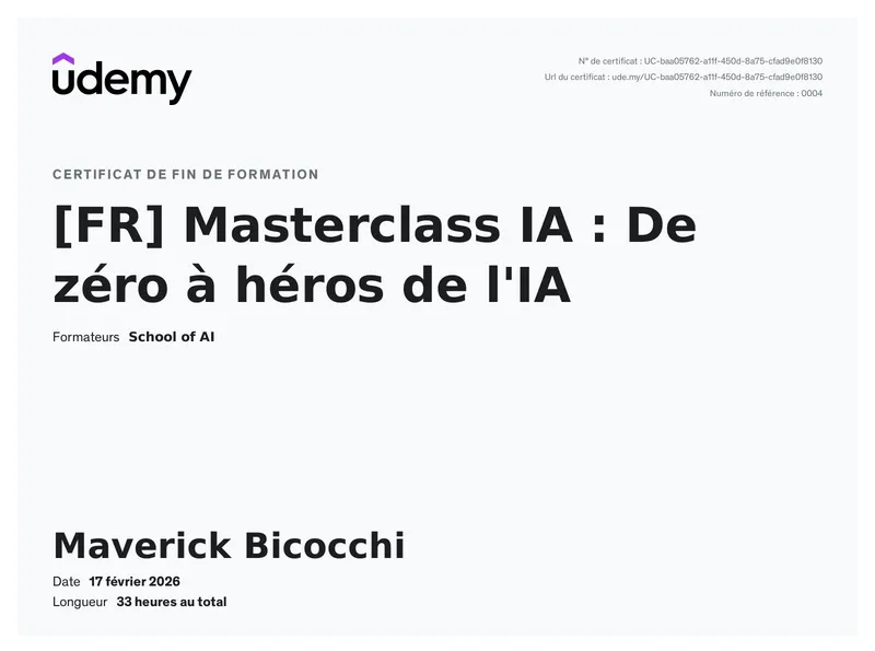 Certificat Masterclass IA : De Zéro à Héros de l'IA